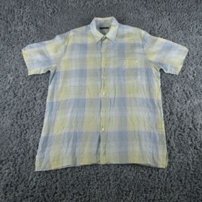 Equilibrio Shirt Mens Large Blue Yellow Plaid Linen Short Sleeve Button Up