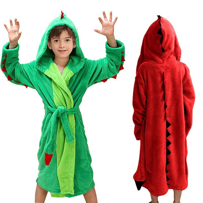 Dinosaur Fleece Robe - Polyester Plush Warm Hooded Bathrobe Girls