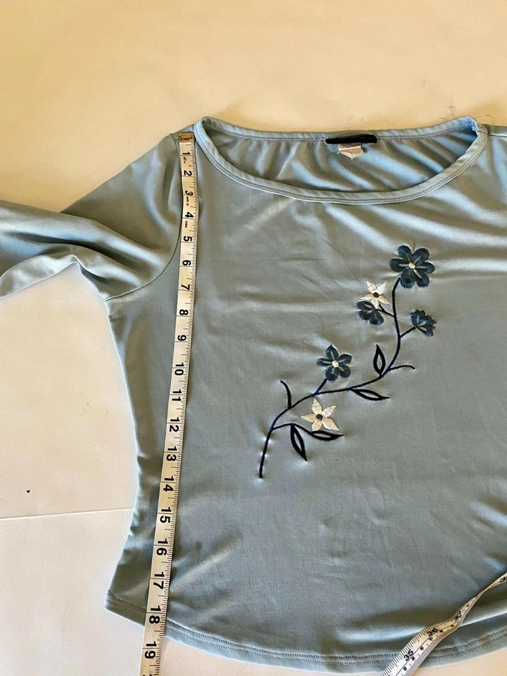 Top Anchor Azul Vintage Años 90 Recortado Floral Bordado Cuello Redondo, Para Mujer Talla Pequeña Foto 3 de 4