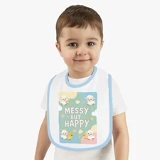 Messy But Happy Baby Bib, Fun Feeding Gift, Cute Jersey Bib, 