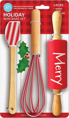 Christmas Holiday Mini Bake Set. Includes mini-Spatula Whisk & Rolling Pin.