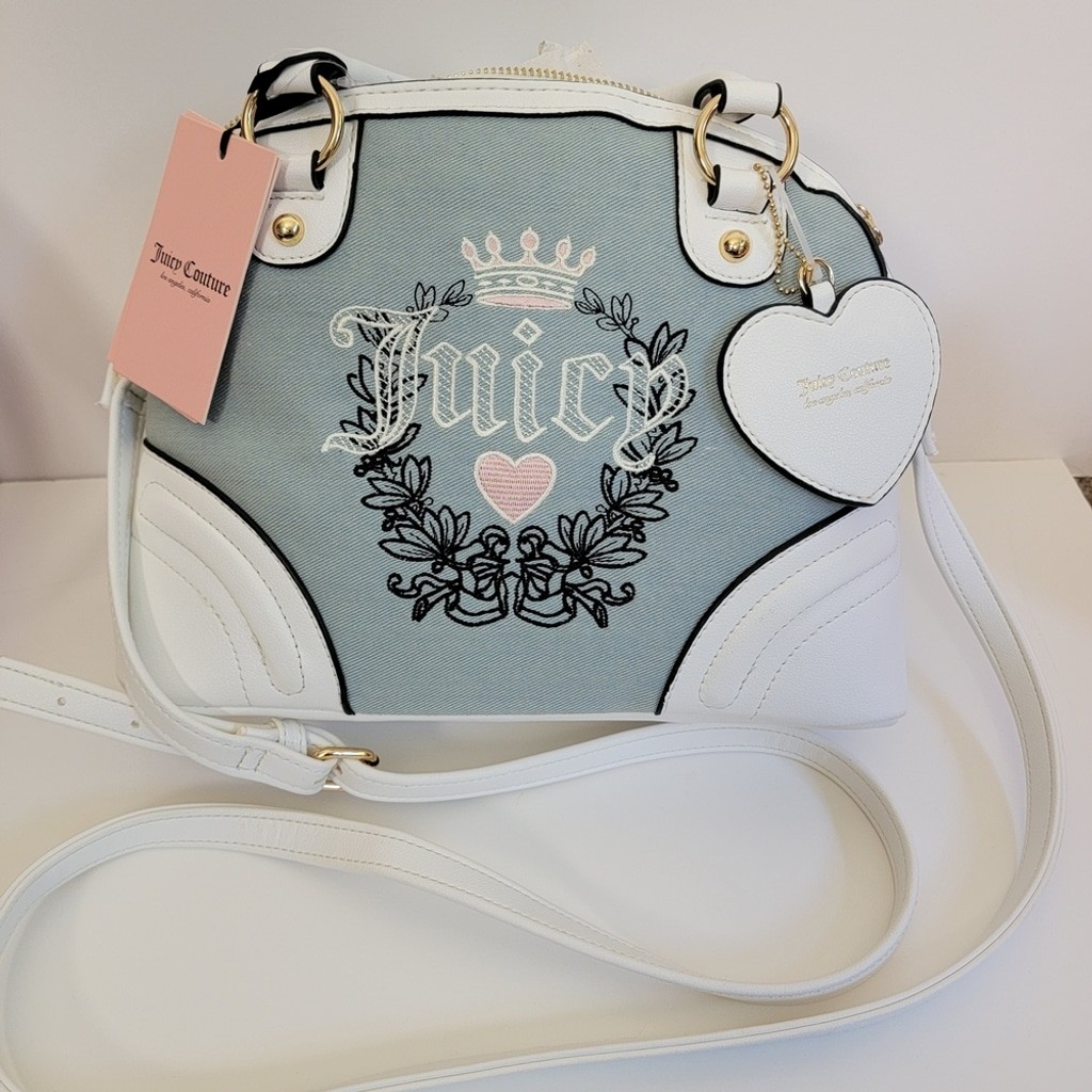Juicy Couture Denim Heritage Satchel Light Blue White Shoulder Bag