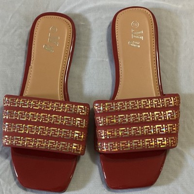 Mfy Women's Red/Gold Slide Sandals Gold Tone Logo Strap Slip On US 10