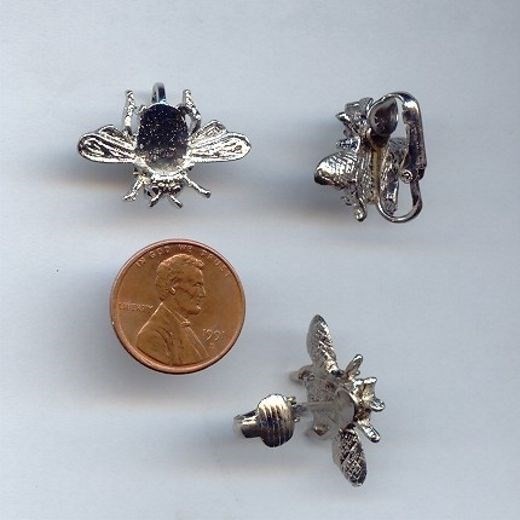 6 VINTAGE SILVER 24x17mm. BEE CLIP EARRINGS WITH 10x8mm. OVAL UNSET SETTINGS 410