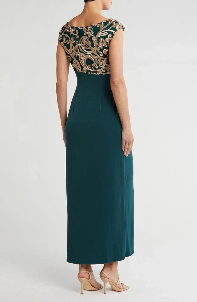Connected Apparel Hunter Green Gold Soutache Bodice Mock Wrap Dress Size 14 $120 - Image 2 of 2