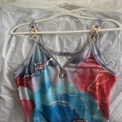 Floral Chain Strap Cami Tank Top Pink Navy Zipper Front V-Neck Size Medium