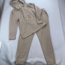 Como Ribbed Knit Hoodie  Pant Lounge Set Sz M Oatmeal Loungewear Soft Sleep