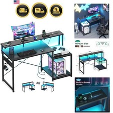 Gaming Desk with LED Lights Power Outlet Monitor Shelf Reversible Storage