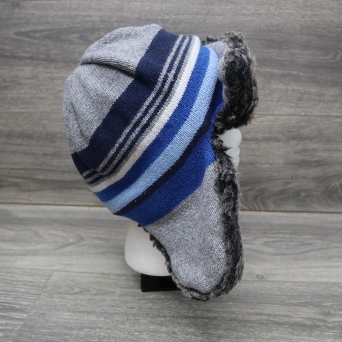 Gap Hat Kids L/XL Cap Casual Crazy Stripe Ear Warm Blue Trapper Faux Fur Lined - Picture 8 of 22