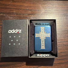 Zippo Made in USA Blue Lighter w/ Gold Cross Design in Zippo Box