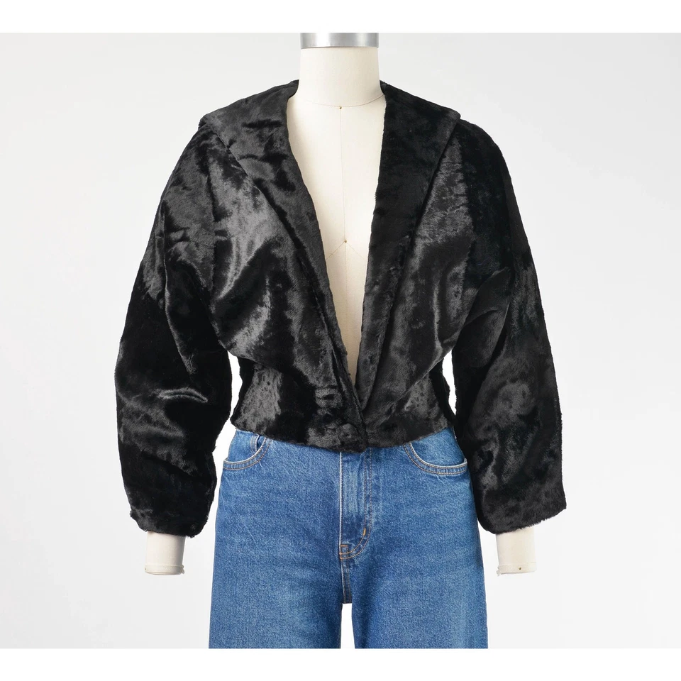 Chaqueta corta vintage años 50 60 negra de piel sintética manga Dolman cuello en V profundo S M Foto 3 de 4