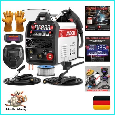 Andeli 135A MIG/MAG Schweißgerät 3-in-1 Komplett-Set mit Helm, Handschuhen, L...