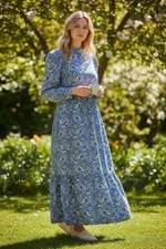 Boho Chic Blue Paisley Long Sleeve Flare Maxi Dress – Flowy, Romantic, Size M 