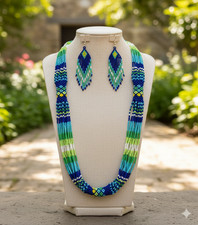 Handmade Seed Bead Necklace Earrings Set Boho Western American Statement Jewelry