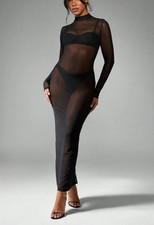 Netzkleid Fischnetz Strandkleid Lang Kleid Sexy Schwarz Schlitz Transparent L/XL