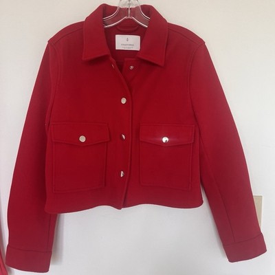 Stradivarius Women's M Red Button Short Overcoat Jacket Long Sleeve Pockets