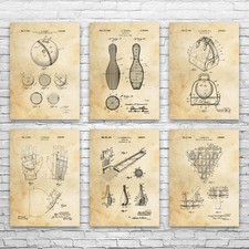 Bowling Patent Wall Art Set of 6 Poster, Canvas or Framed Bowling Decoration