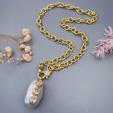 Cultured White Nucleated Baroque Pearl Cz Pendant Chain Necklace Party Jewelry