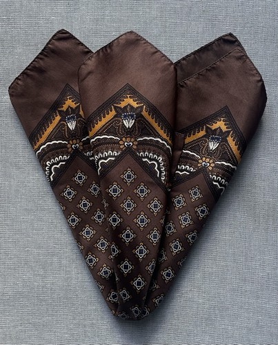 Vintage All Silk Pocket Square Brown Ocher Geometric Made in England 17.25"
