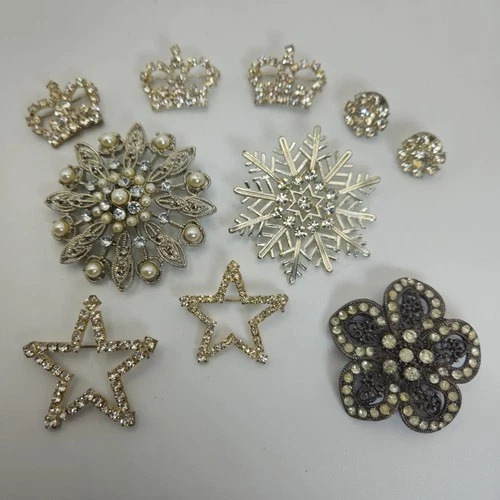 Lot 10 PCS Vintage Costume Silver Tone Jewelry Rhinestone Crystal Brooches Pins