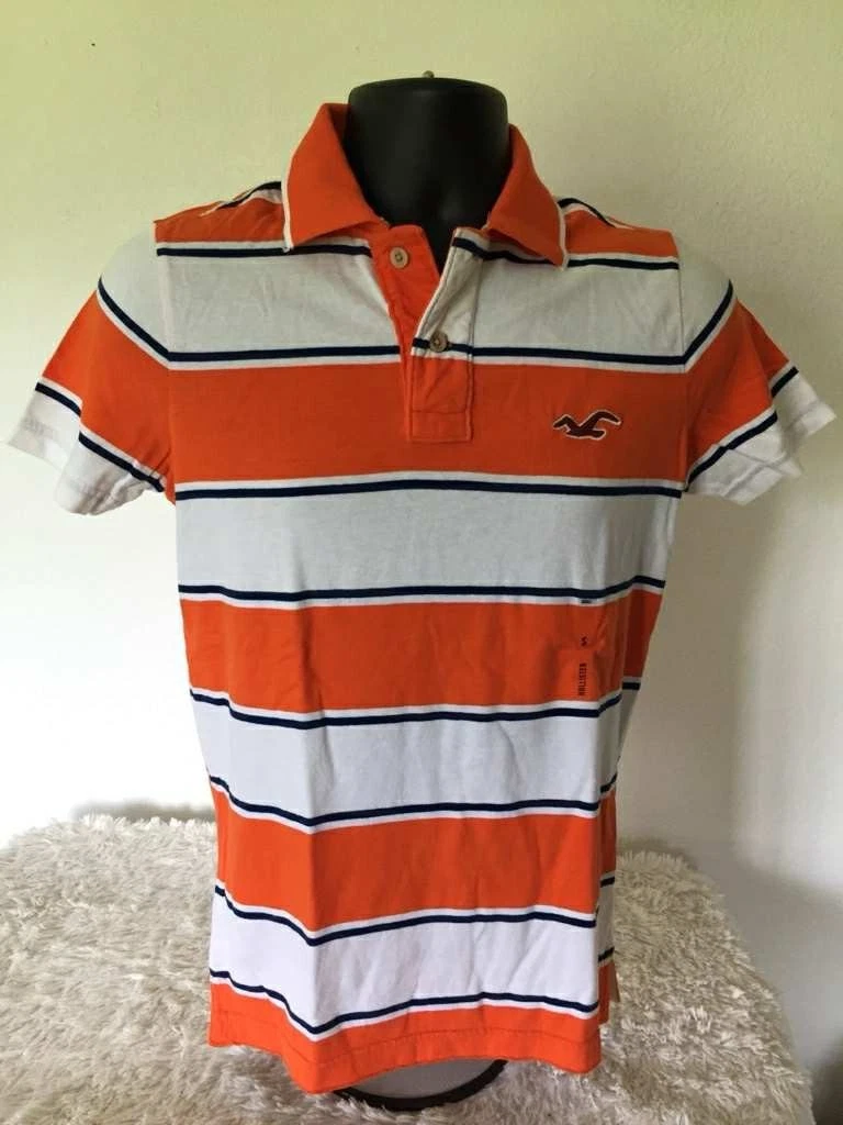 NWT Y2K HOLLISTER Mens/Dudes SS Striped Polo Shirt w/ Logo (Orange, White, Blue)