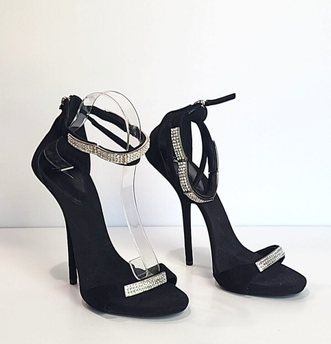 GIUSEPPE ZANOTTI Black Suede Stilettos Crystal Embellished Sandals Heels 41 NEW - Picture 3 of 10