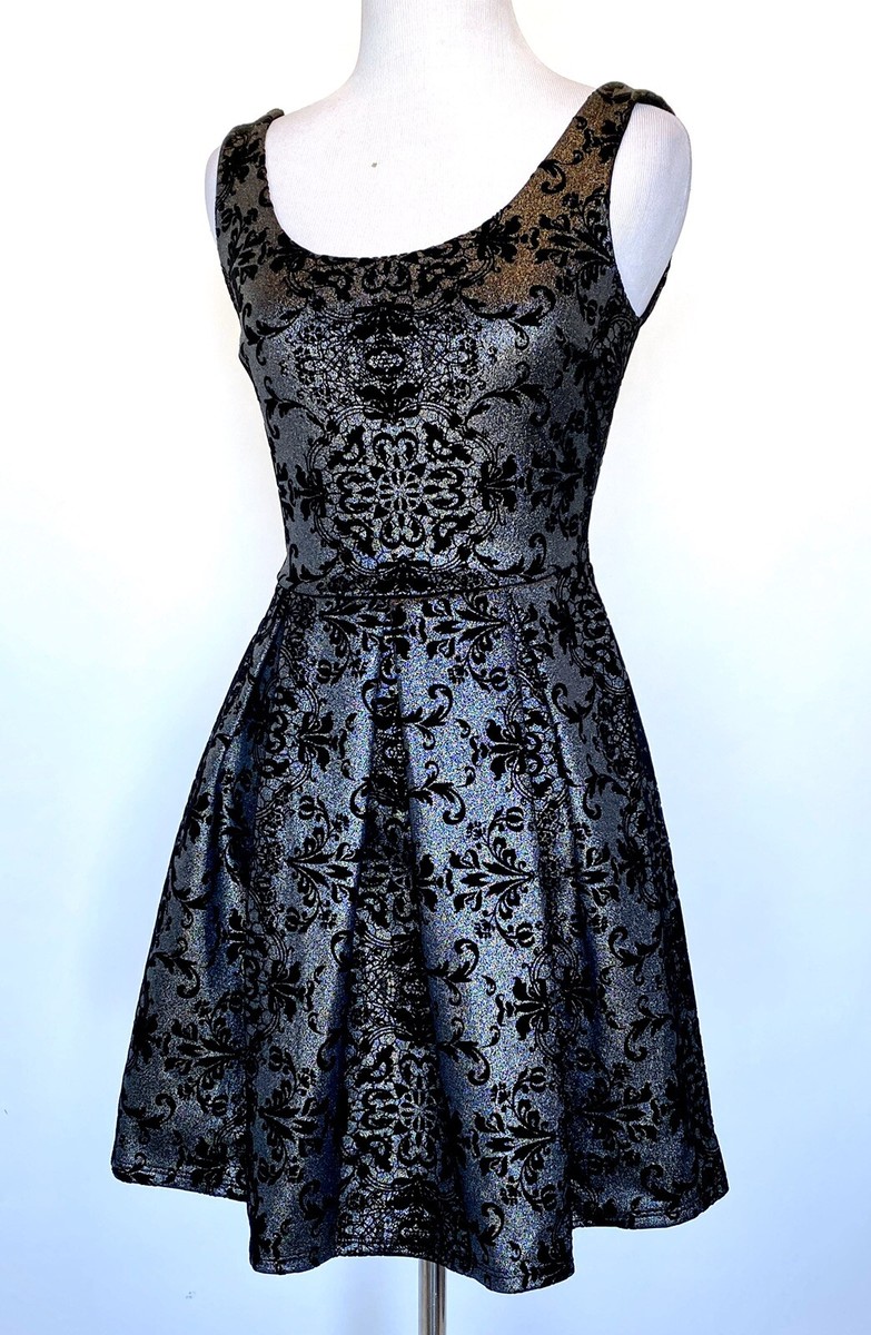 black and silver skater dress Aqua Black & Silver Velvet Floral Stretch Skater Dress XS Retail $88 Price  $33
