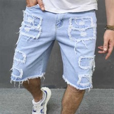 Mens Frayed Jeans Ripped Loose Denim Shorts D...