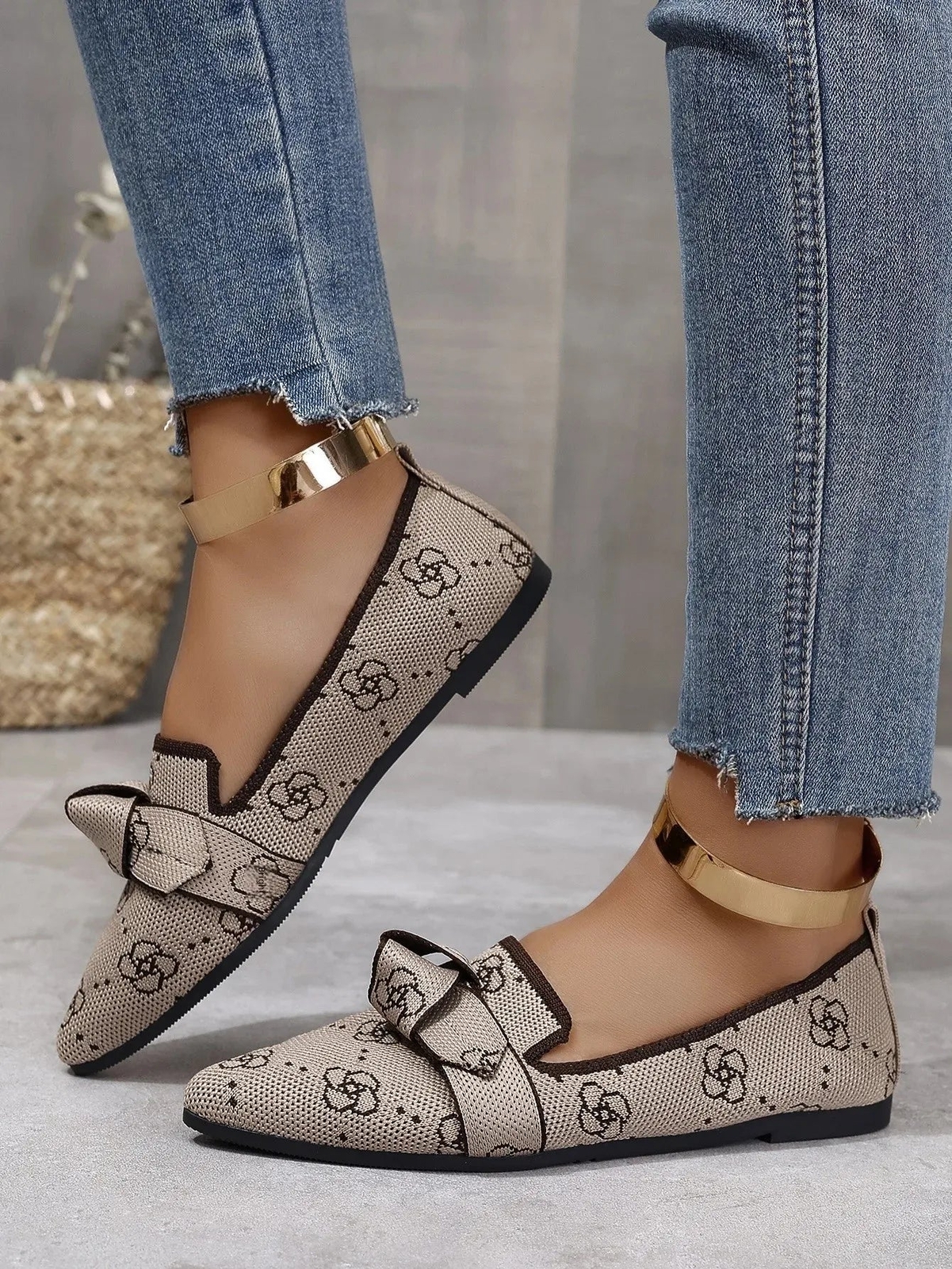 Leopard Print Flat Shoes Breathable Knit Style Slip On Flat Womens Ballet Fashio