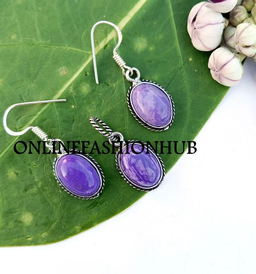 Charoite Gemstone 925 Sterling Silver Plated Pendant Fancy Earrings Set Jewelry - Image 3 of 3