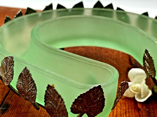RARE Bagley Art Nouveau Green Frosted Glass Dish In Silver Metal Leaves Case - Picture 6 of 7