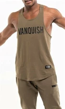 VANQUISH Fitness 'VQ Warm-Up Project' Logo Muscle Tank Top Stringer Olive S NWT!