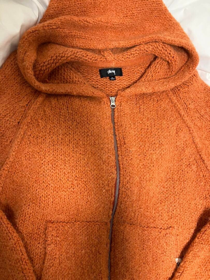 00s STUSSY zip hoodie　M　オレンジ　ロゴ総柄　リブ入り STUSSY CHUNKY Knit Front Zip hoodie Plain Orange Men's Wool