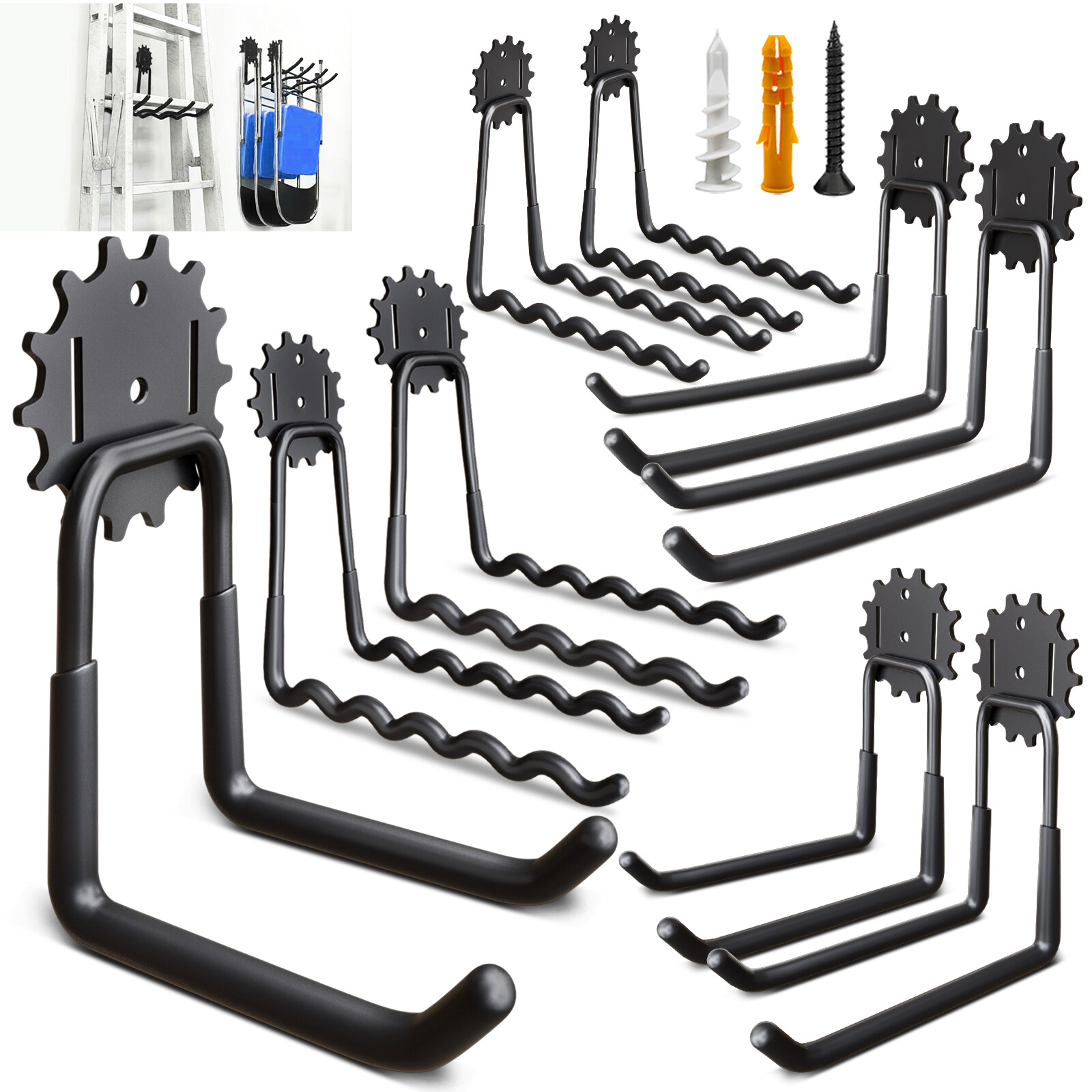 Heavy Duty Garage Wall Hook Set 9 Piece Tool Organizer for Hose Ladder