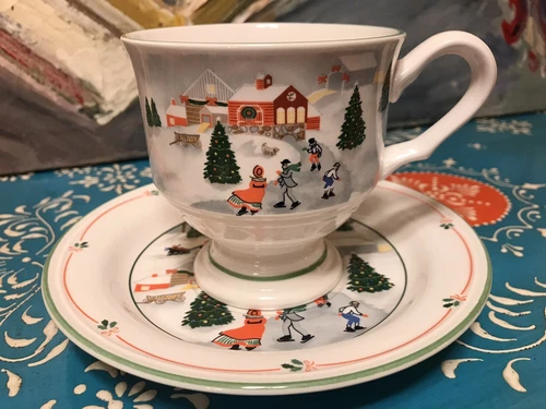 Sango Silent Night Footed Cup & Saucer Set Christmas Winter Snow Scene 8 oz.