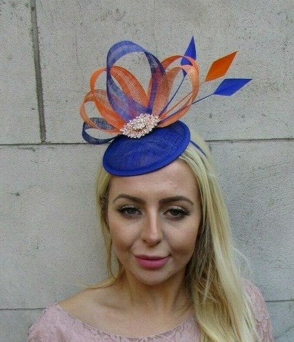 Royal Blue Orange Rose Gold Feather Hat 