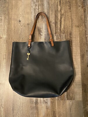 Fossil Women's Large Tote Bag Black Leather Shoulder Bag w/ Key