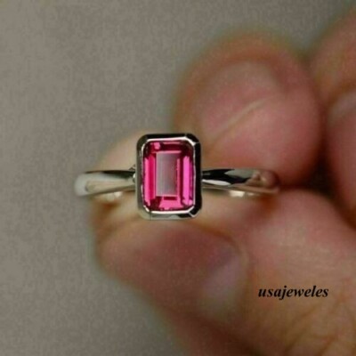 1.41CT Emerald Cut Real Red Ruby Bezel Set Solitaire Jewelry Ring 14K Gold Over