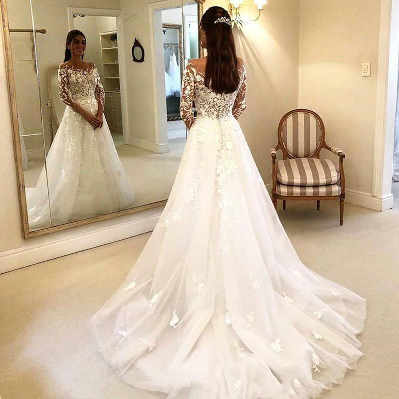 illusion long sleeve lace appliqued wedding dress A-Line V-Neck Long Sleeves Wedding Dress Illusion Cutout Applique Wedding Gown with Sweep Train Custom Color / US12