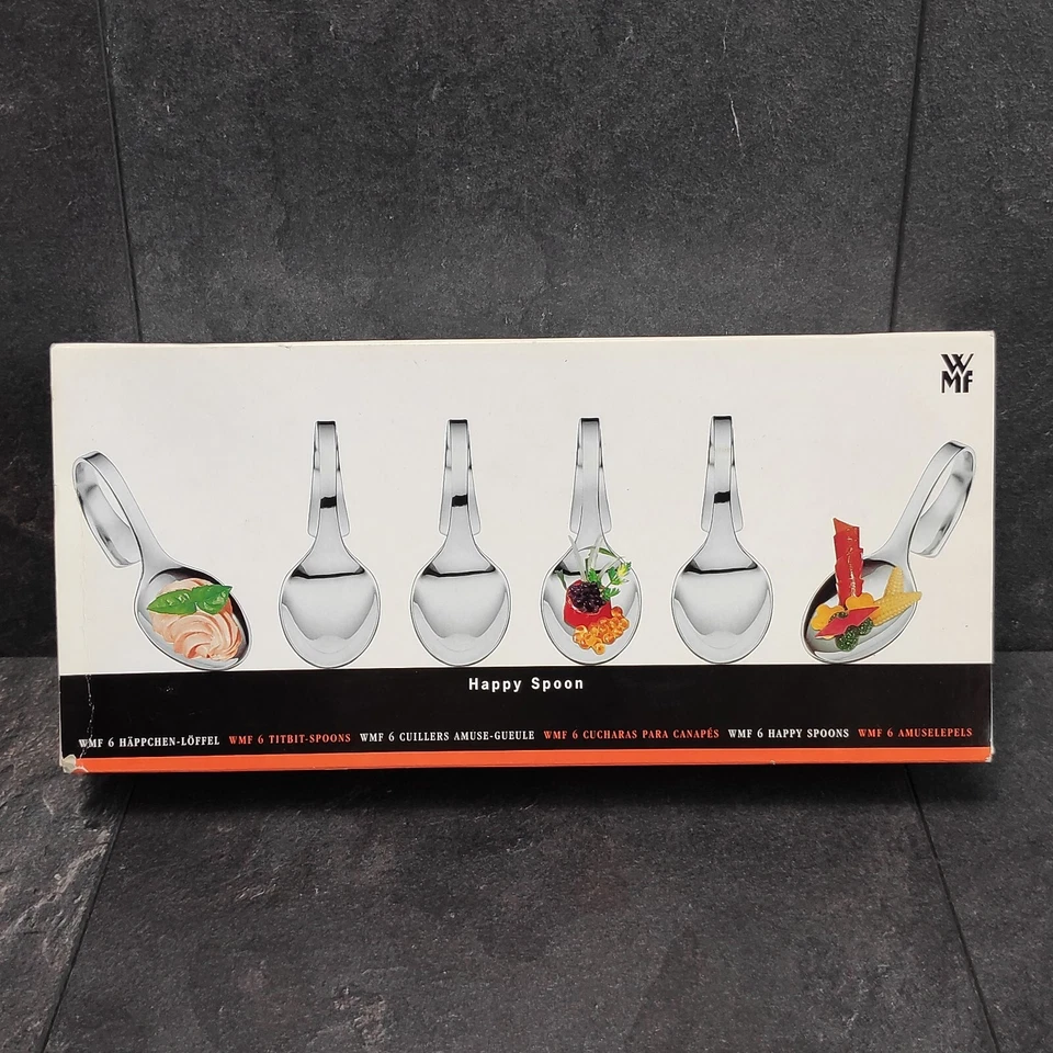 WMF Happy Spoon 6 Häppchen-Löffel Buffetlöffel Servierlöffel Cromargan in OVP - Bild 3 von 4