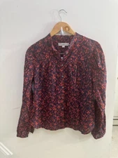 LOFT Women's Forever Navy Long Sleeve Shimmer Floral Blouse Shirt Size XS