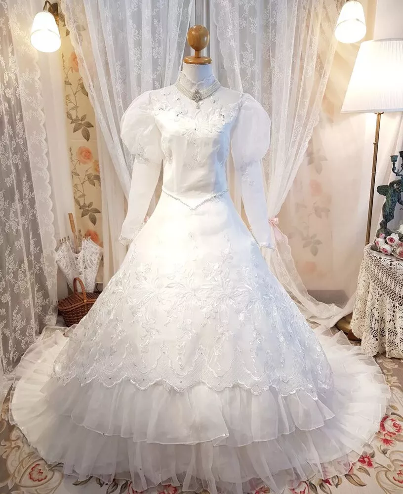 Vintage Chiffon Wedding Dresses Puff Sleeve Tulle Lace Appliques