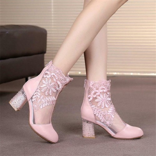 Mujeres Encaje Flor Cuero Botines Estrás Malla Zapatos Boda Fiesta Bombas - Imagen 14 de 20