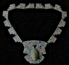 Mexico Sterling Aztec Mayan Turquoise Malachite Warrior Carved Mask God Necklace