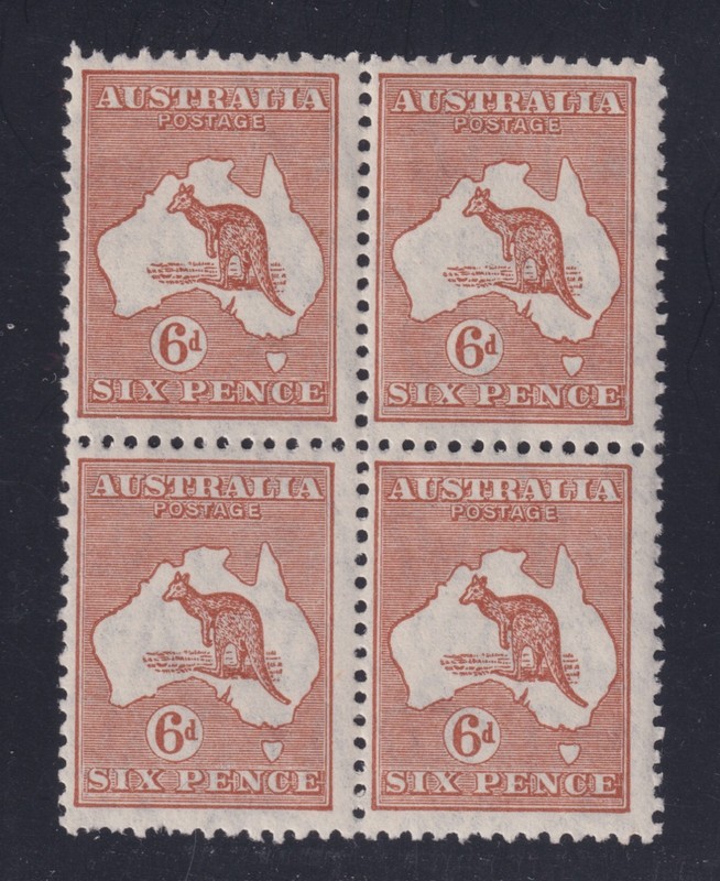 Australia Sc 121 SG132 LH/MNH 1936 6d Roo Crown & CofA Watermark Block SCV $180