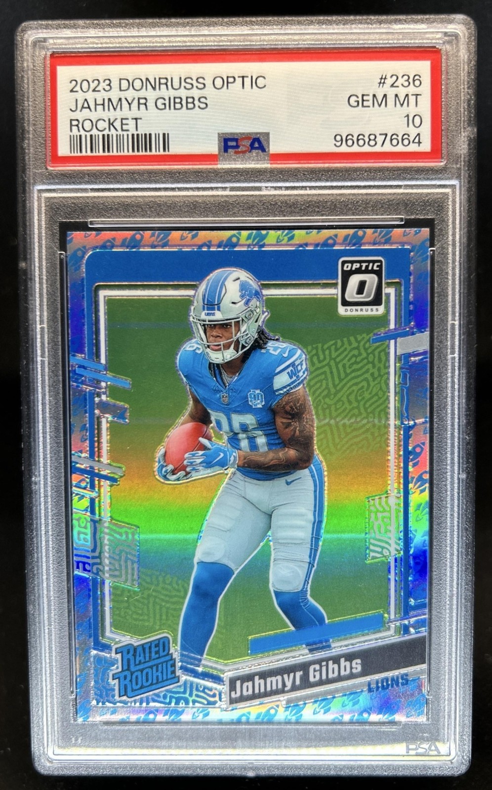 2023 Panini Donruss Optic Jahmyr Gibbs Rocket Prizm RC Rated Rookie #236 PSA 10
