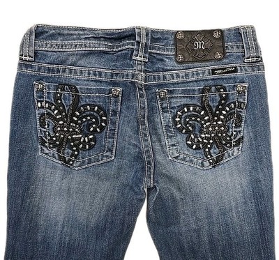 Miss Me Skinny Jeans 29 Fleur De Lis Y2K McBling Embellished Rhinestone VTG 45 