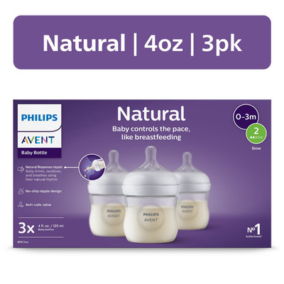 3 Pack Philips Avent Natural 4 oz Baby Bottles w/ Natural Response 0M Flow 2