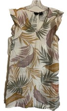 Tahari Linen Dress Womens Medium White Leaf Beach Tropical Hawaiian Short