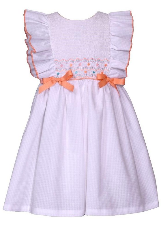 NEW Bonnie Jean Girls Size 5 "WHITE PEACH SMOCKED" Pinafore Ruffle Dress NWT